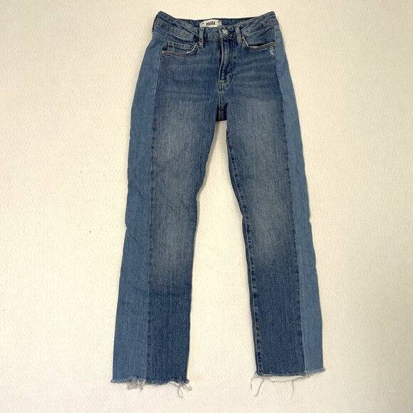 PAIGE Two-Toned High-Rise Straight Leg Raw Hem Distressed Jeans size 25 - Picture 1 of 12